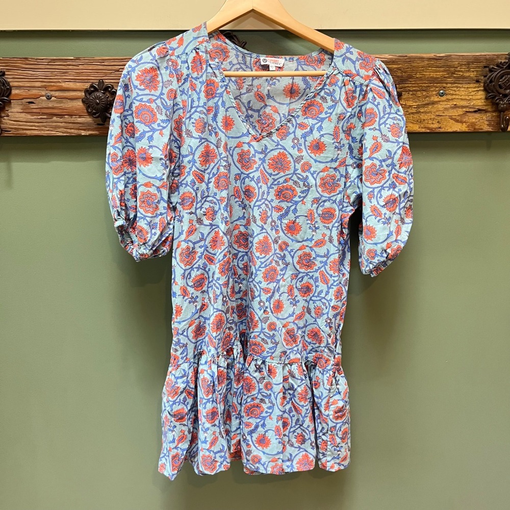 Sundry for Evereve Blue Orange Floral Cotton Puff Sleeve Ruffle Mini Dress 1 S